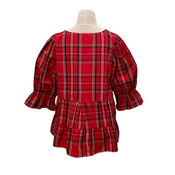 MUDPIE The Ashford Red Plaid Ruffle Tiered Vneck Top LARGE Puff Flounce Sleeve - Picture 6 of 8